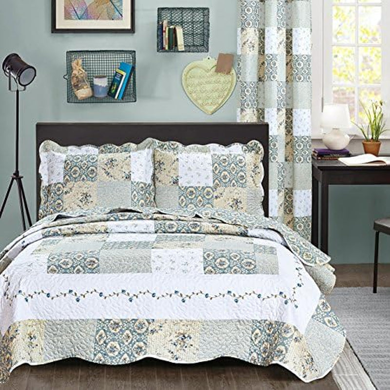New Reversible 3Pc Floral Printed Patchwork Blue/Green Bedspread/Quilt Set Matching Curtains Available (King/Cal King Size)